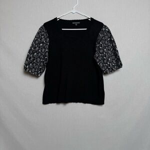 Adrianna Papell Black Knit Top w/ Floral Embroidered Puff Sleeves | Size L